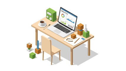 Isometric office workspace with laptop and analytics charts