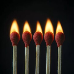 A row of lit matchsticks against a dark background.  high resolution   for isolate image