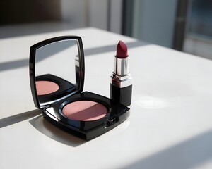 Professional Makeup Compact with Blush and Lipstick, Beauty Cosmetics Product on Clean Background