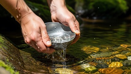 Hands scooping clear water from a natural stream with a small container.