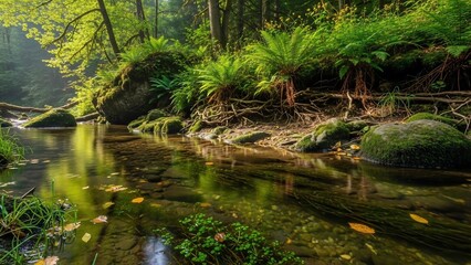 Lush Green Forest Stream with Mossy Rocks and Ferns.