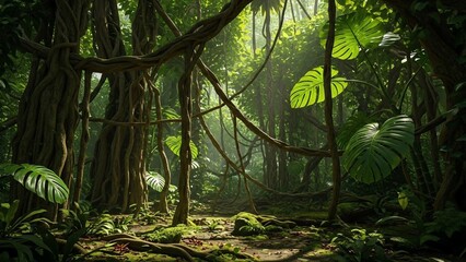 Lush Green Jungle with Sunlight Filtering Through Dense Foliage and Vines.