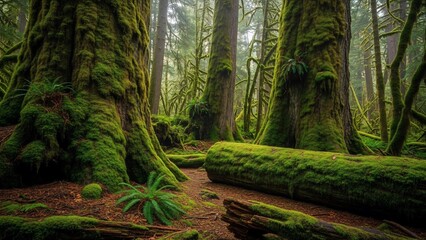 Lush Green Moss-Covered Forest with Ancient Trees and Fallen Logs.