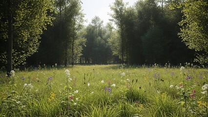 Lush Green Meadow with Wildflowers and Trees on a Sunny Day.