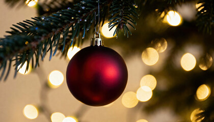 Obraz premium Red ornament hanging from fir branch with warm bokeh lights in background