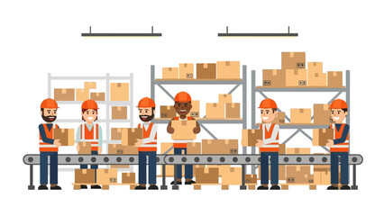 Warehouse team with cargo boxes on conveyor belt in flat design
