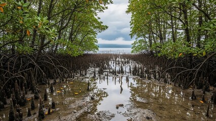 Mangrove forest with exposed roots and calm water reflecting the sky.