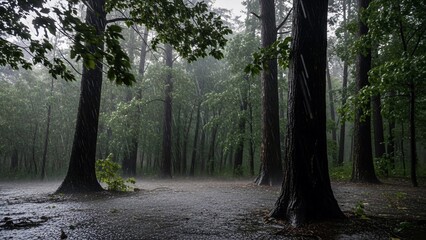 Misty Forest Clearing with Tall Trees and Foggy Atmosphere.
