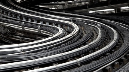 Intricate Arrangement of Electrical Cables in a Power Distribution System with Curved Layout and Industrial Setting