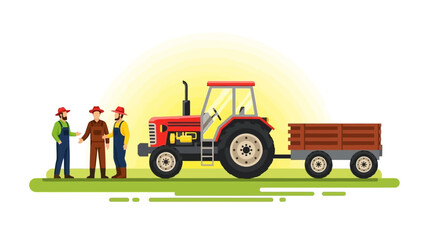 Farmers meeting by tractor in sunset rural scene