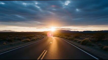 Scenic Desert Highway at Sunset with Dramatic Clouds.