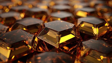 Close-Up View of Shiny, Faceted Amber Crystals Surrounded by a Warm Golden Glow with Dynamic Lighting Effects
