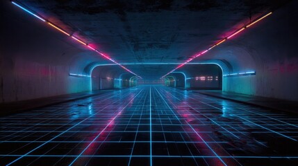 Futuristic Neon Tunnel with Vibrant Light Accents and Reflections on the Floor