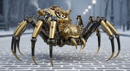 Fototapeta premium Mechanical spider with brass gears walking on cobblestone street in winter