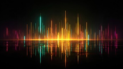 Vibrant Light Spectrum with Colorful Vertical Bars and Reflections on Dark Surface for Abstract Backgrounds