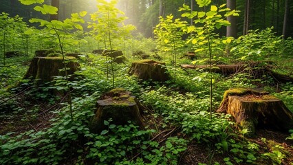 Sunlit Forest Floor with Tree Stumps and Lush Green Undergrowth.