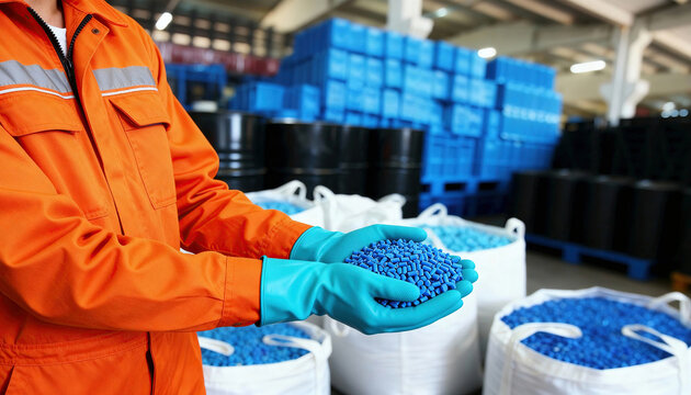 Worker holding blue plastic pellets in gloved hands inside industrial warehouse