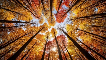 Vibrant Autumn Forest Canopy Looking Upwards Towards Sky.