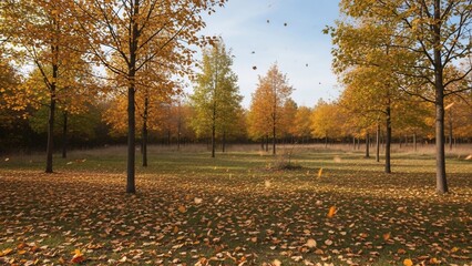 Vibrant Autumn Landscape with Golden Trees and Falling Leaves in a Serene Park Setting.