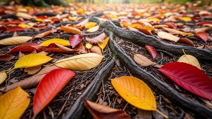 Vibrant Autumn Leaves and Exposed Tree Roots on Forest Floor.