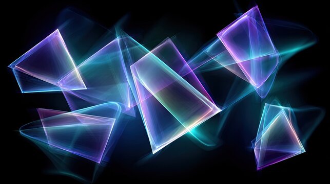 Abstract colorful geometric shapes in motion with vibrant light trails on a dark background - Powered by Adobe
