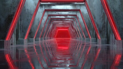 Futuristic corridor with glowing red lights and reflective floor in an abstract design showcasing geometric architecture