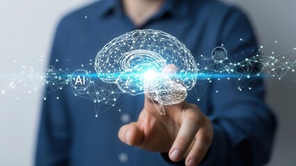 Human hand interacting with digital brain hologram symbolizing neural networks and advanced AI processing systems