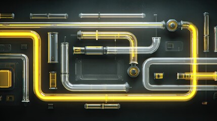 Obraz premium Abstract View of Transparent Pipes with Neon Yellow Accents on Dark Background for Modern Industrial Concepts