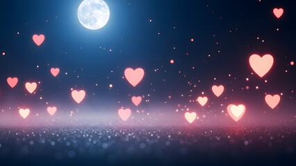 Romantic Moonlit Night Background With Floating Hearts And Sparkles