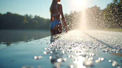 Woman Standing by Water with Sunlight Reflections
