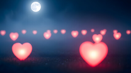 Dreamy Night Background With Moon And Floating Glowing Hearts