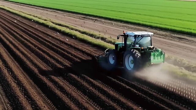 An aerial view captures a powerful green tractor cultivating a vast farm field, turning rich soil. A flock of birds follows closely, feeding on the newly exposed earth