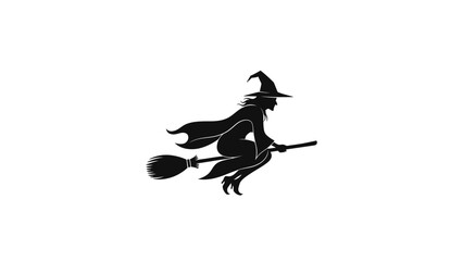 Obraz premium Silhouette of a witch flying on a broomstick against a white background.