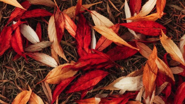 Vibrant red, orange, and white autumn leaves scattered on dry grass create a rich seasonal texture. The colorful foliage captures the essence of fall and natural beauty in detail