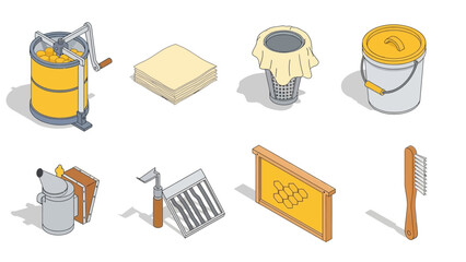 Isometric beekeeping tools set with honey extractor and protective gear