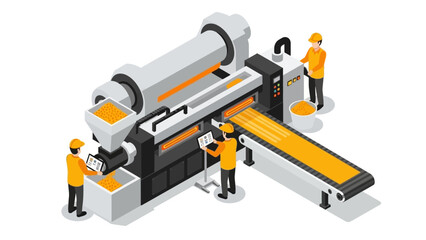 Naklejka premium Isometric factory production line with workers and machinery in action