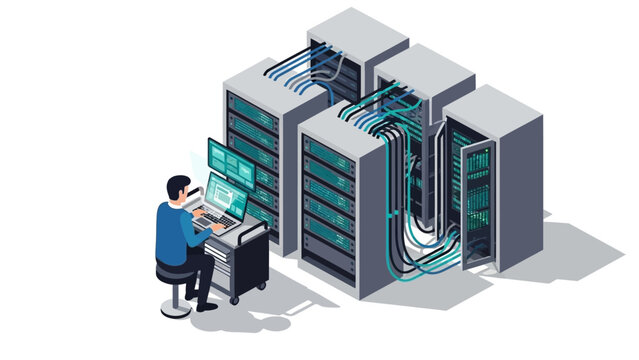 Data center infrastructure, network engineer managing servers and cables