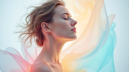 Close Up Female Portrait with Flowing Fabric Background
