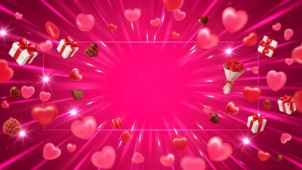 Valentines Day Burst Background With Floating Hearts And Gifts Pink