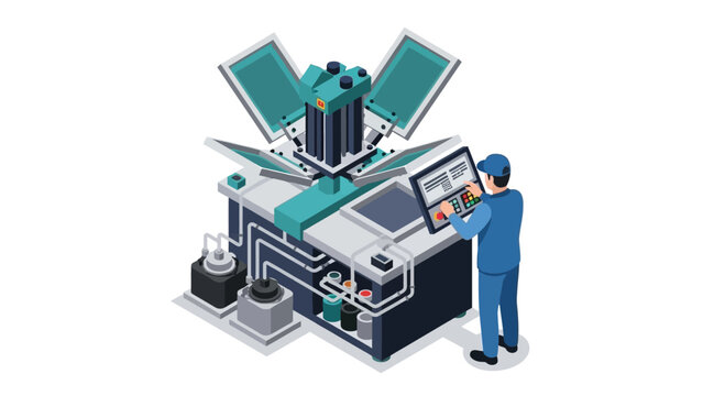 Industrial screen printing machine in action with technician in isometric style