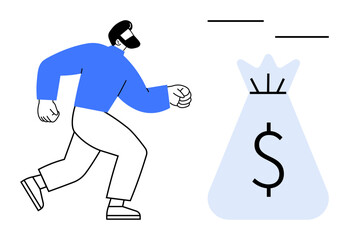 Fototapeta premium Man in motion running toward money bag symbolizing financial goals, success, or aspirations. Ideal for finance, wealth management, business motivation, investing, savings, career growth financial