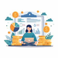 Woman analyzing financial data with laptop and charts on white background