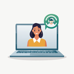 Woman on laptop with customer service representative icon vector illustration
