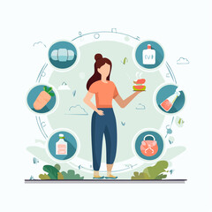 Woman holding food illustration with surrounding icons concept design
