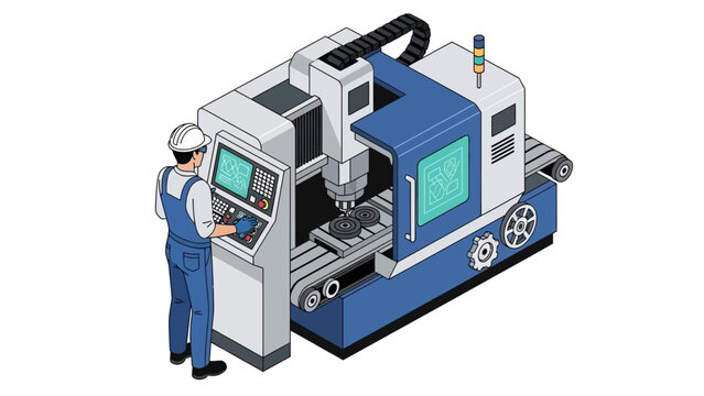 Isometric cnc machine with operator in industrial setting