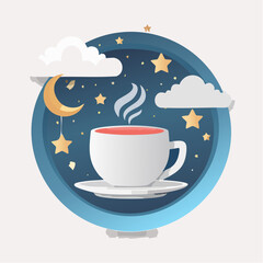 Stylized illustration of a steaming cup of tea with night sky background