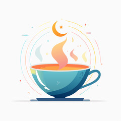 Stylized illustration of a teacup with steam and decorative elements
