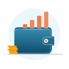 Wallet illustration with financial growth bar graph and coins isolated