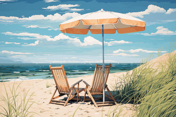 Paint by number style beach umbrella and chairs