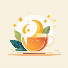 Stylized illustration of tea cup with moons and leaves against light background